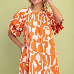 Ladies New Orange & White Above Knee Dress Size Small